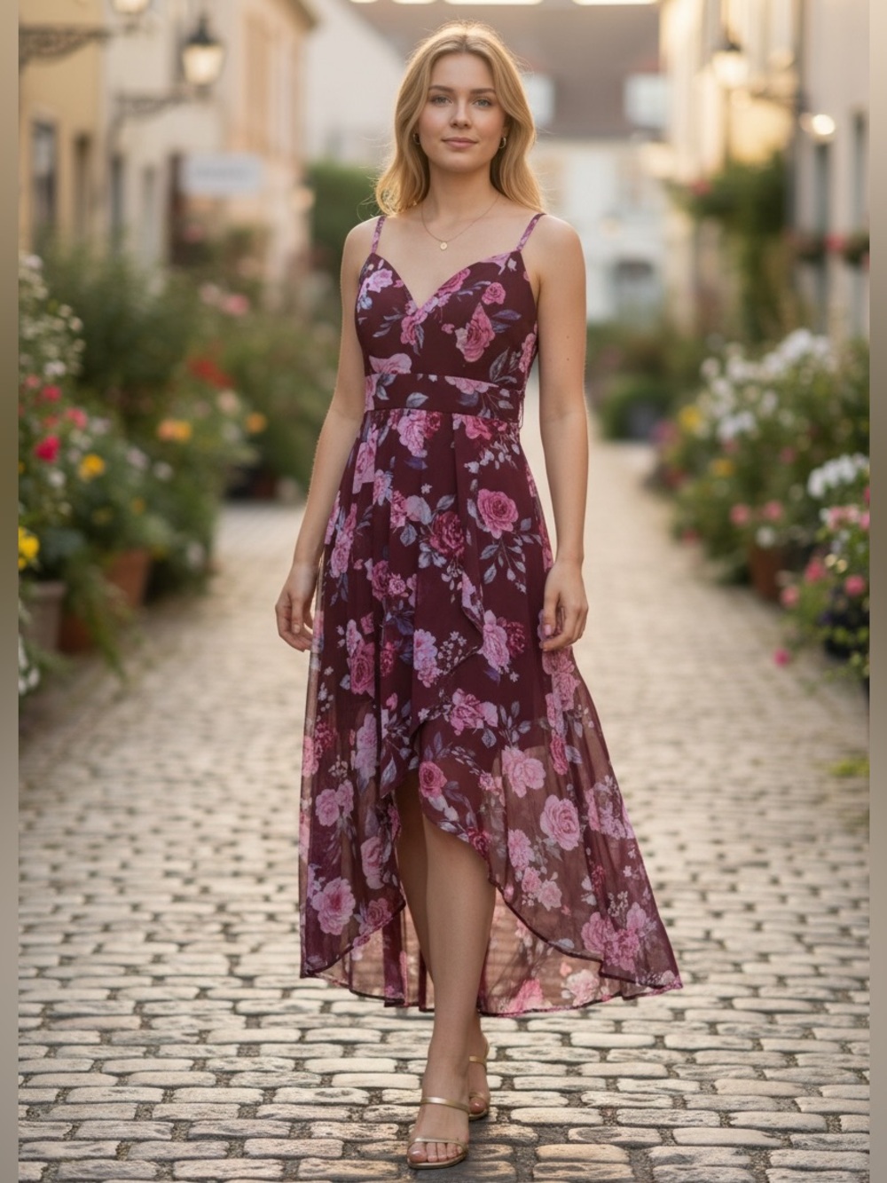 Crystal Doll Burgundy Floral High-Low Spaghetti-Strap Dress sz 7
